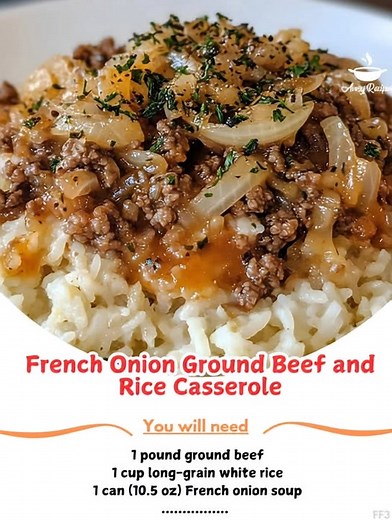 French Onion Ground Beef and Rice Casserole "As the aroma filled the kitchen, my kids rushed in with their favorite question: 'What’s cooking, Mom?' I couldn’t help but smile, knowing this French Onion Ground Beef and Rice Casserole was about to become a family favorite!" This dish combines the rich, savory goodness of French onion soup with the heartiness of ground beef and fluffy rice, making every bite a comforting experience. Ingredients 1 lb ground beef 2 cups cooked white rice 1 large onio