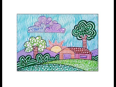 SCENERY USING LINE PATTERN DRAWING | TEXTURE DRAWING SCENERY| LINE LANDSCAPE DRAWING