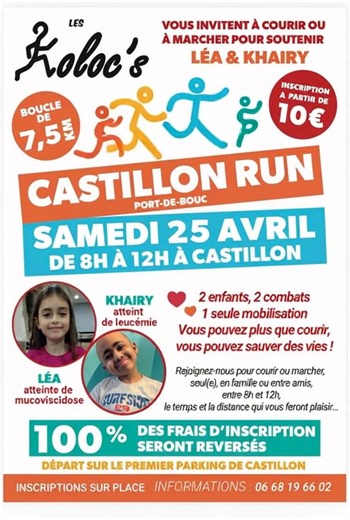 Bonjour à tous, Mon fils Khairy se bat depuis plus de deux ans contre la leucémie et a reçu une greffe. Aujourd’hui, une course solidaire est organisée en son soutien, ainsi qu’en soutien à Léa, atteinte de mucoviscidose. En famille, entre amis, avec les enfants, en courant ou en marchant, venez vivre un moment solidaire avec nous. Le 25 avril, on se mobilise pour Khairy et Léa. 📍 Castillon – Port-de-Bouc ⏰ De 8h à 12h Si vous ne pouvez pas venir, un simple partage de cette publication peut déj