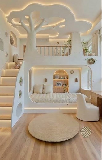 Children’s Room with Modern Tree Design and Warm Lighting #interiordesign #architecture #decoration