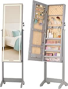 LUXFURNI LED Mirror Jewelry Cabinet Standing Jewelry Armoire, Full Length Mirror with Jewelry Storage, 3 Color Modes, Lockable Jewelry Organizer Mirror, Grey
