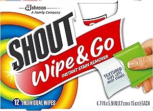 Shout Wipe & Go Instant Stain Remover Wipes, No Wash Required, Safe on Colorfast Washables, Travel & Baby Diaper Bag Essentials, Removes Grass, Coffee, Makeup & More, 12 Wipes (Pack of 6)