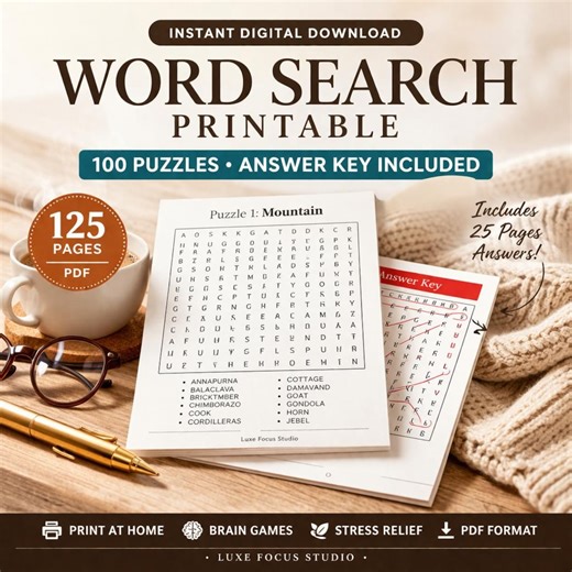 100 Word Search Puzzles Printable – Brain Games Activity Book (PDF Download) - Etsy