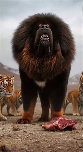 ⚡Tibetan Mastiff vs Lion: Stealing Meat Fight! 🦁Who Rules the Feast?#Wildanimals#FoodFight #shorts