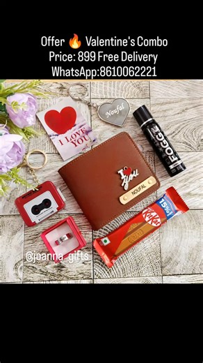 Joanna Gifts on Instagram: "💕 Valentine special 💕 ♦️ Product: Men's mini combo WhatsApp: 8610062221 ♦️Price : ₹899/- free shipping ♦️Includes :- - Imported men's wallet - Steel heart keychain - Fogg perfume - Retro recorder. 8 to 10 sec audio can be recorded (blue/red )- random color comes - Adjustable ring - Kitkat - one wish card ♦️ Scope of name and charm customised in wallet. Name customised in Ring and keychain. 8 to 10 sec audio needed or you can buy and record by your self ♦️Comes in bo