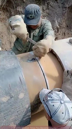 First Step of Pipe Installation: Worker Uses Tool to Hammer Seal Strip, Professional and Dedicated!