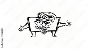 Animation of a cute box style character. Male with glasses, wavy fringe and a goatee beard. Thick black outline with the body in gold and red fringe and goatee.