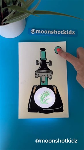 DIY electronics, stem and science activities for beginners on Instagram: "DIY “Microscope” interactive light-up card. Easy and fun paper circuit project for beginners. You will need: - 2 LED diodes - Conductive copper tape - Coin cell battery 3V (CR2032) - Paper - Tracing paper - Markers Warning: this project should be done under adult supervision. ©️ @Moonshotkidz – All rights reserved. Reproduction, distribution, or use of this artwork and video without permission is prohibited. For licensing 