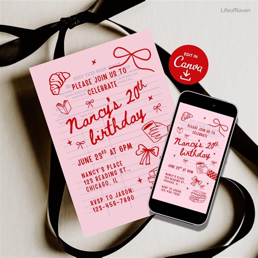 Pink Library Card Birthday Party Invitation Template Editable Library Due Date Canva Digital Invite Card Book Club Lover 16th 18th 20th 30th - Etsy