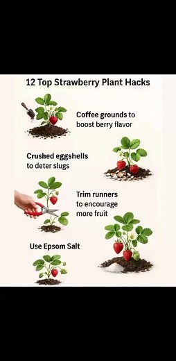 � 12 Top Strawberry Plant Hacks for Juicy, Flavorful Berries 1. Add coffee grounds – Boost flavor with a sprinkle around the plant. 2. Use crushed eggshells – Deter slugs naturally by scattering them at the base. 3. Trim runners – Cut off side shoots to help plants focus on fruiting. 4. Apply Epsom salt – Mix 1 tbsp in a gallon of water to support healthy growth. 5. Mulch with straw – Keeps berries clean and prevents rot. 6. Plant in full sun – At least 6–8 hours of sun = sweeter berries. 7. Use