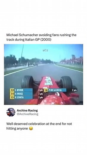Archive Racing 🏁 on Instagram: "During the 2000 Italian Grand Prix at Monza, Michael Schumacher faced an unexpected challenge after taking victory—fans storming the track while the cars were still circulating. With thousands pouring onto the straight to celebrate Ferrari’s win, Schumacher had to carefully maneuver his F1 car at speed, avoiding groups of people who were dangerously close to his racing line. The chaotic scenes underscored how thin safety measures were at the time, as crowd contro