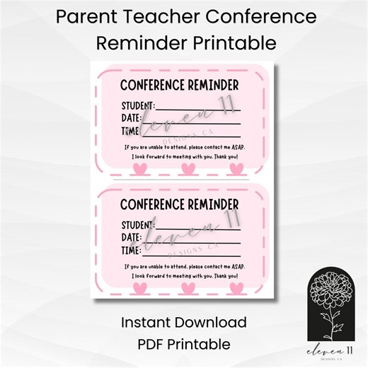 Parent Teacher Conference Reminder Slips | Pink Hearts Communication Template (PDF Printable) - Etsy