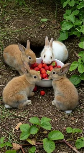 Group of rabbits eating strawberries so cute.Cute pets rabbit in the farms
