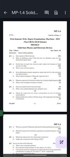 KARNATAKA STATE OPEN UNIVERSITY MSC SEM-1 PHYSICS SOLID STATE PHYSICS QUESTION PAPER 2023
