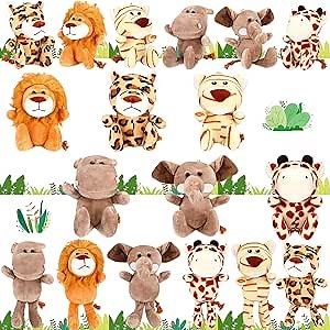 HyDren 18 Pcs Small Safari Plush Animals Bulk 4.8 Inch Jungle Animal Mini Plush Toy Lion Tiger Elephant Giraffe Leopard Monkey Figures for Summer, Baby Shower, Birthday Party(Cute Style)