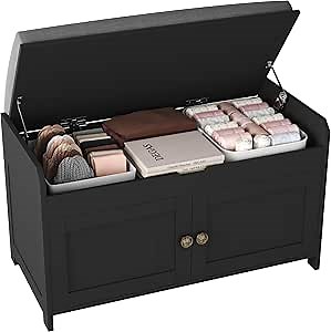HOMEFORT 30" Shoe Bench with Lift Top Storage, Entryway Bench with Cushioned Seat, Wooden End of Bed Bench, Shoe Cabinet Bench with Hidden Storage Space, for Bedroom, Hallway,Black