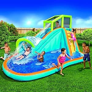 Inflatable Water Slide – Huge 14ft x 8ft Kids Pool with Built-in Sprinkler Wave & Water Wall – Heavy Duty Outdoor Pipeline Adventure Park – Blower Included