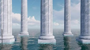 Antique colonnade, row of classical ancient tuscan order columns, partially flooded by water among open sea. Close up view conceptual 3D animation rendered in 4K