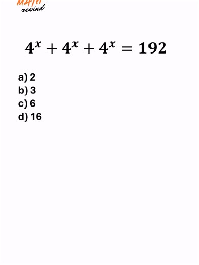Struggling with exponents? 😱 This exponential equation looks tricky, but the trick is super simple once you see it! Can you solve 4ˣ 4ˣ 4ˣ = 192 before the answer pops up? 🤔 Let me know your answer in the comments! #Math #Exponential #Algebra #MathTricks #ExponentRules #MathHelp #LearnMath #ProblemSolving #MathHack #MathChallenge #MathOlympiad #StudyMath #MathSkills #MathGenius #Education