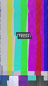 Retro TV Test Pattern Color Bars And Warning Text Test - Vintage Television Test Card Transmission - No Signal Broadcast With Glitch Distortion Noise Static Bad Interference Effects - Vertical Video Stock Video