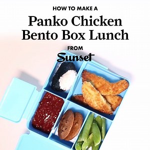 Panko-coated chicken, the Japanese rice balls called onigiri, and a gingery ketchup make this lunch a crowd-pleaser for kids and adults alike. Recipe: sunset.com/bentobox | Sunset