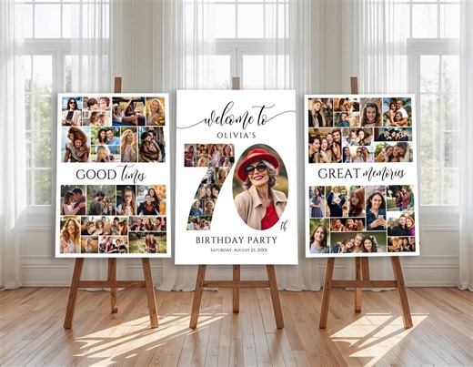 70th Birthday Photo Collage Welcome Sign Set – Editable Number 70 Poster Canva Template - Etsy