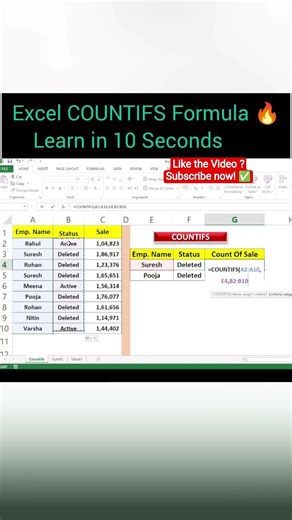 Excel Trick: COUNTIFS Formula #excel #countifs #exceltips #viralvideo #ytstudio #ytshorts
