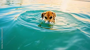A cute dog paddling in a clear blue pool on a sunny day. The joyful scene captures the playful spirit of summer and the love of pets for water.