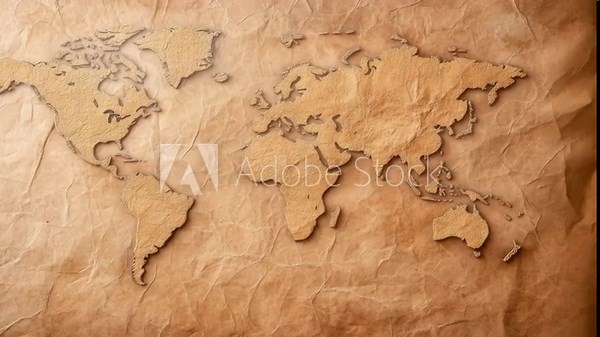 Vintage world map on an old parchment paper background. History, exploration, global. Adventure, antique. Ideal for documentaries, travel content, history lessons.