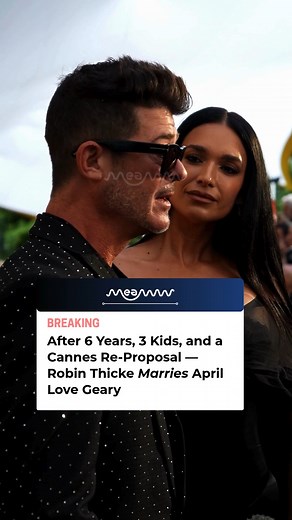 After years of building a life together and raising three beautiful children, Robin Thicke and April Love Geary finally said “I do.” The milestone comes after a heartfelt moment at the Cannes Film Festival, where Robin got down on one knee once again to re-propose, adding a fairytale twist to their long-standing romance. #RobinThicke #AprilLoveGeary #CelebrityWedding #CannesProposal #HollywoodLove #WeddingBliss #PowerCouple #LoveWins #CelebrityNews | MEAWW