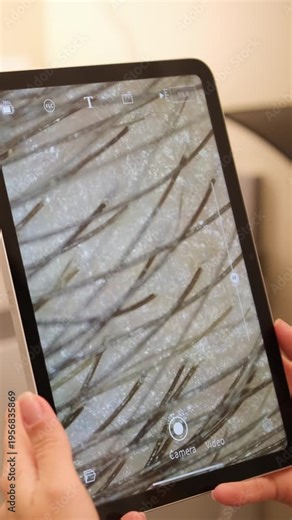 magnified scalp examination, high magnification image of hair and scalp health assessment