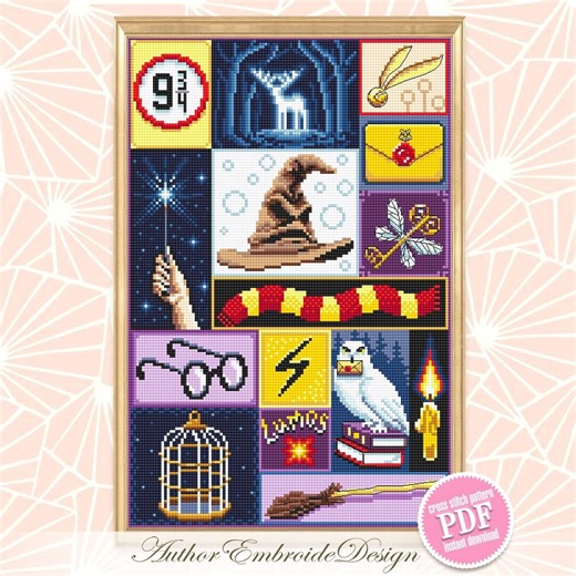 Wizard Sampler Cross Stitch Pattern PDF Download Wizard School Cross Stitch Chart, Magic Pattern Digital PDF, Wizard Hat, Letter Owl #O13 - Etsy