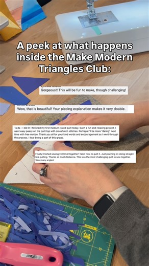 What’s it really like inside the Make Modern Triangles Club? Don’t just take my word for it... Take a peek at what happens inside the club! 💕 From first-time quilters finishing their very first quilt to seasoned makers rediscovering their joy for color and creativity, this community is something special. If you’ve been waiting for a sign to start your next quilt with support, structure, and plenty of “ta-da!” moments… this is it. ✨ Join us inside the Make Modern Triangles Club and get ready to 
