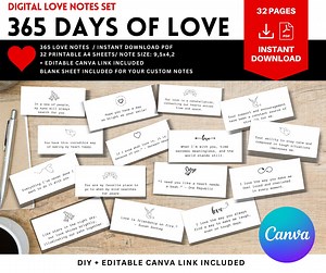 365 Love Notes / Valentine's Day Gift / Anniversary Gift / Birthday Gift for Couples / Printable Love Notes - Instant Download PDF & Canva - Etsy