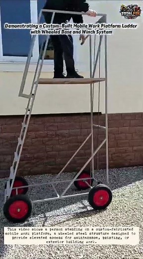 Demonstrating a Custom-Built Mobile Work Platform Ladder with Wheeled Base and Winch System