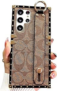 Cute Phone Case for Samsung Galaxy S23 Ultra Case with Luxury Rectangle Leather and Wristband Strap Anti Drop Protective Designer Compatible with Samsung S23 Ultra- 6.8 inch (Brown)