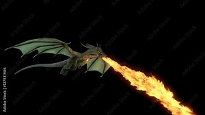 Animated realistic Dragon flying and breathing fire. Seamless loop with alpha channel. Stock Video