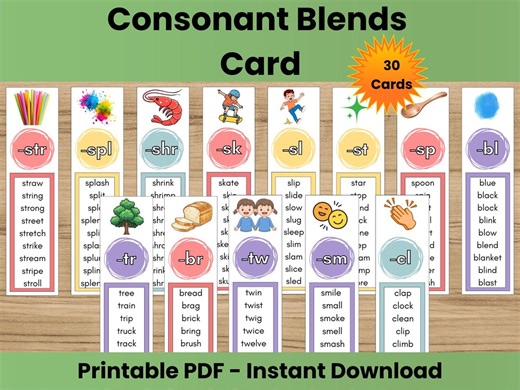 Consonant Blends Flashcards | R L S T W & 3-letter Blends | Printable Phonics Cards | Kindergarten - Grade 1 - Etsy