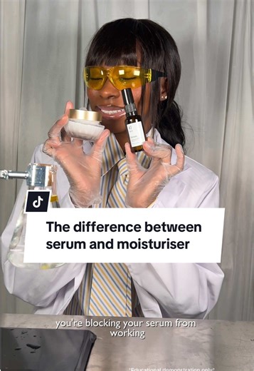 Think of a serum like this water- it’s lightweight, full of active ingredients, and it sinks deep. Your moisturiser is like this oil layer -it seals everything in. So serum treats the issue. Moisturiser locks it in. If you’re using them the other way around, you’re blocking your serum from working! Fascinating right ! 👩🏾‍🔬 #science #chemistry #experiment #cosmeticscience #skincare