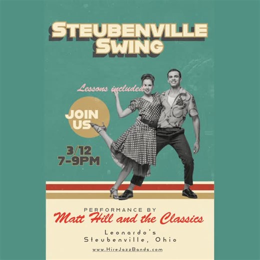 Matthew Hill on Instagram: "Steubenville Swing Dance Night at Leonardo’s Coffeehouse This Thursday, 7–9 PM, head up to the third floor ballroom for an evening of live swing music from Matt Hill & The Classics. Whether you’re a seasoned dancer or stepping onto the floor for the first time, lessons are included to get you moving. $10 for singles, $15 for couples at the door.​​​​​​​​​​​​​​​​#livejazz #swingdance #steubenville #dancelessons #danceparty"