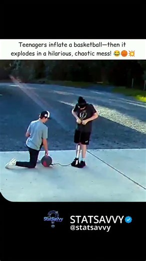 STATSAVVY on Instagram: "Two teenagers are mid-inflate when their basketball suddenly explodes in a burst of rubber and air—sending them scrambling in panic across a sun-dappled suburban driveway. The chaos unfolds in slow motion as the ball’s remnants fly, capturing the perfect mix of teenage mischief and unexpected comedy. This isn’t just a prank gone wrong; it’s a universal moment of ‘what were we thinking?’ that resonates with anyone who’s ever pushed a toy too far. ‘When you mess with physi