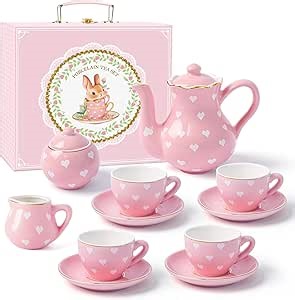 Tea Party Set for Little Girls Ages 3-8, Pink Heart Porcelain Tea Set with Gold Trim Edges, Princess Tea Time Toy Includes Pot & Cups & Saucers & Suitcase, Birthday Gifts for Toddlers Girls