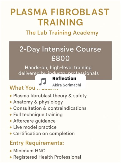 ✨ Plasma Fibroblast Training at The Lab Training Academy ✨ Ready to add one of the most in-demand advanced skin tightening treatments to your skills? 🔥 2-Day Intensive Course 💷 £800 📍 The Lab Training Academy What You’ll Learn: • Plasma fibroblast theory • Anatomy & physiology • Safe effective treatment techniques • Consultation & contraindications • Aftercare • Live model practice • Certification on completion Entry Requirements: ✔️ Minimum HNC qualification or ✔️ Registered health professio