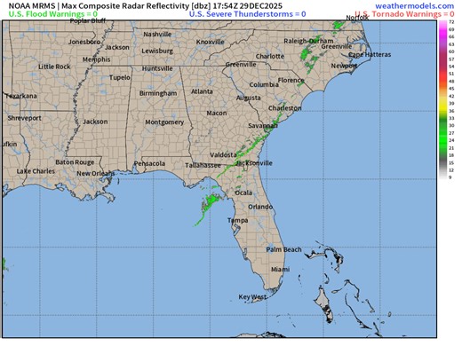 Current radar loop across the SEAST shows the skinny line ahead of the front moving slowly through the SEAST and now advancing into FL. Extremely cold air on the back side. | PC Weather Boy