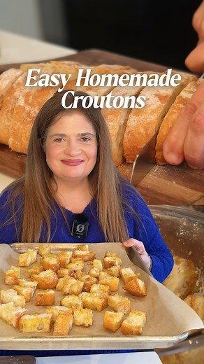 Alex Guarnaschelli The “ICAG” on Instagram: "How to make croutons from scratch! It’s super easy. The full recipe is below so you can save this for later! You will need: ~3 cups large cubes of bread (I used ciabatta in this video) 4 tbs extra-virgin olive oil 2 cloves fresh garlic (minced) 1 tbs granulated garlic 1 tbs garlic powder 1 tsp paprika Kosher salt Parmasean cheese Steps: 1. Preheat oven to 350°F 2. Toss cubed bread in a medium bowl with olive oil, garlic, paprika, and salt 3. Arrange i
