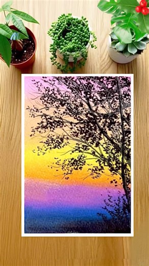 Beautiful Sunset Tree Drawing 🌅 | Easy Colour Gradient Scenery #shorts