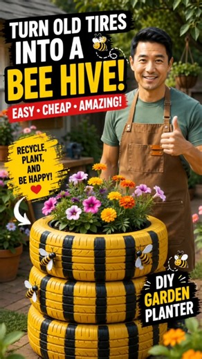 Turn Old Tires Into a Bee Hive Planter #handmadeplanter #budgetdiy # #gardenplanters