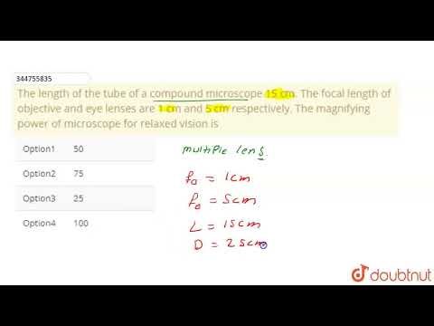 The length of the tube of a compound microscope 15 cm. The focal length of objective and eye len...