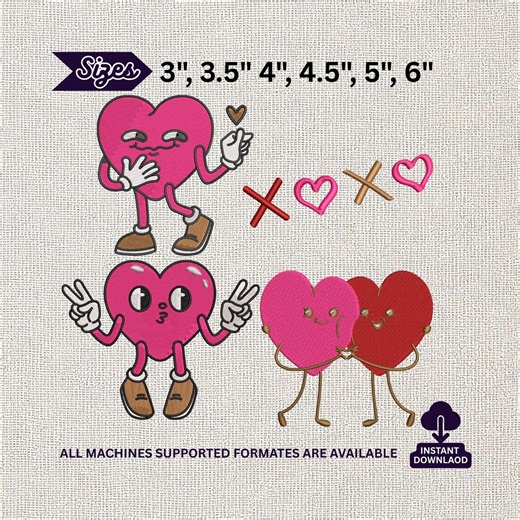 Heart Character Embroidery Bundle | Valentine Love Stitch Design Set | Romantic Cartoon Digital Download - Etsy
