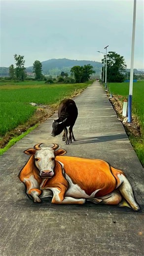 A Hyper Realistic Giant Cow Road Illusion! #shorts #3dartillusion #3dstreetart #viral #trending